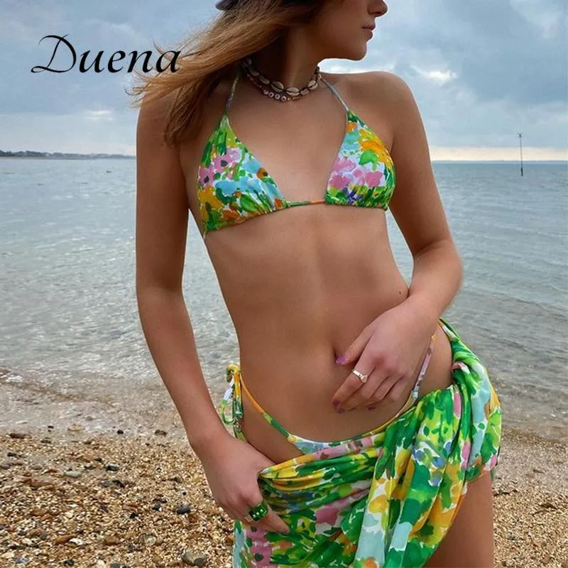 Duena Costumi da bagno donna 2021 Costume da bagno floreale separato Bikini Top e gonna Set Abito sexy a 3 pezzi Costume da bagno Verde Donna