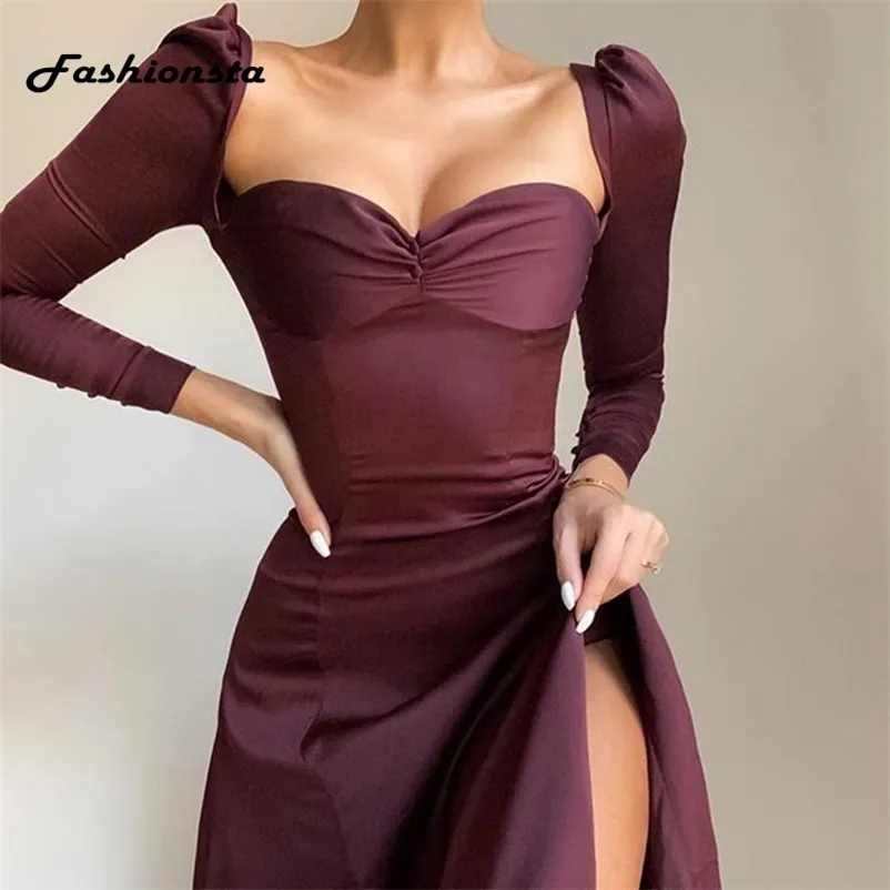 Sexy Low Cut Midi Kleid Solide Party Club Bodycon Liebsten Hohe Split Kleider Frauen Frühling Herbst Casual Vestidos Hot 210409