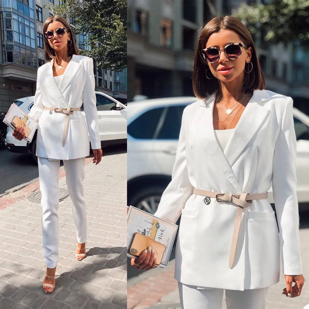 Abito da donna bianco da sposa blazer doppio petto manica lunga slim fit pantaloni formali da donna abiti da ballo di fine anno (giacca + pantaloni)