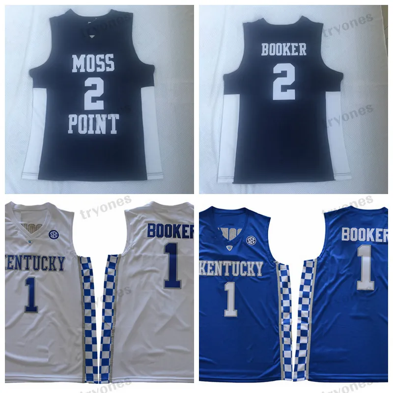 メンズDevin Booker＃2 Moss Point高校バスケットボールジャージヴィンテージケンタッキーワイルドキャッツ＃1大学NCAAジャージーブルーステッチシャツS-XXL