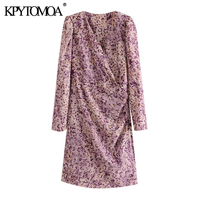 Frauen Chic Mode Leopard Print Drapierte Mini Kleid Vintage V-ausschnitt Langarm Weibliche Kleider Mujer 210416