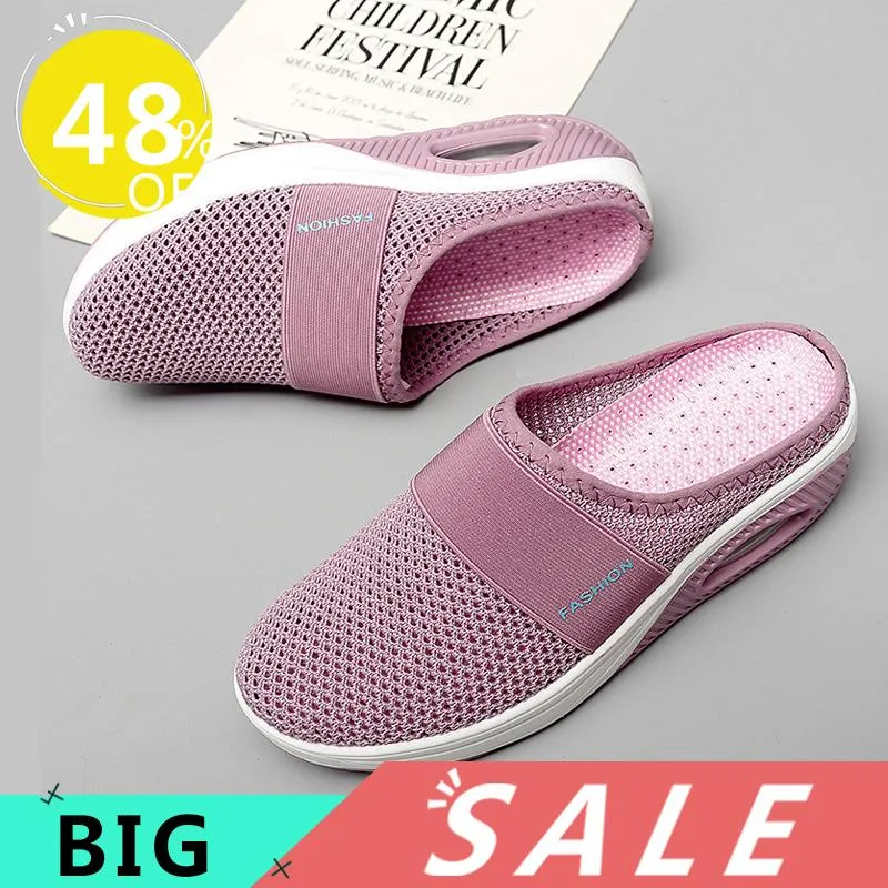 Slippers Summer Women's Hollow Out Air Cushion Slip-On Walking Shoes Orthopedic Diabetic Mesh Breathable Slides