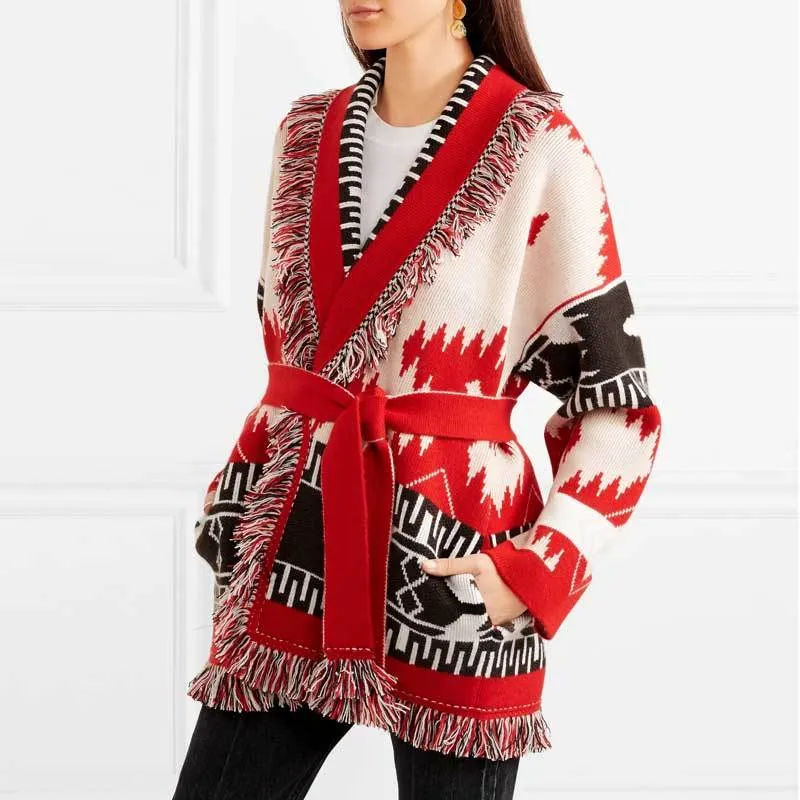 Inspired Kırmızı Fringed Jakarlı Ceket Kadınlar Sarılmış Uzun Kollu Ceket Kaban Bohemian Stil Örgü Ceket Kaban Kış 210412