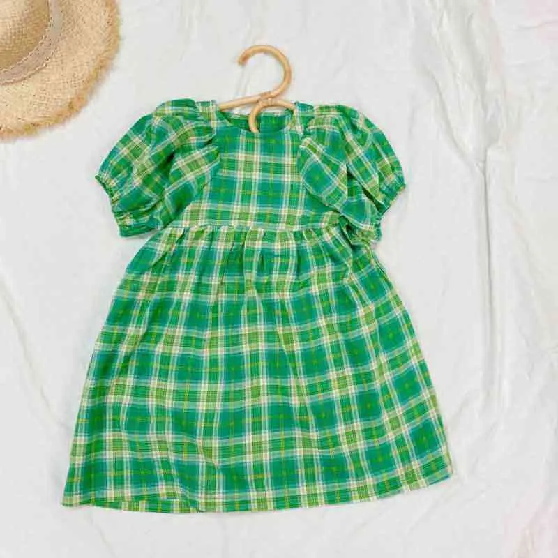 Girls Dresses Fashion Korean Green Plaid Short Sleeve Long Skirt Toddler Costume Little Girl Clothes Baby Kids Dress G1215