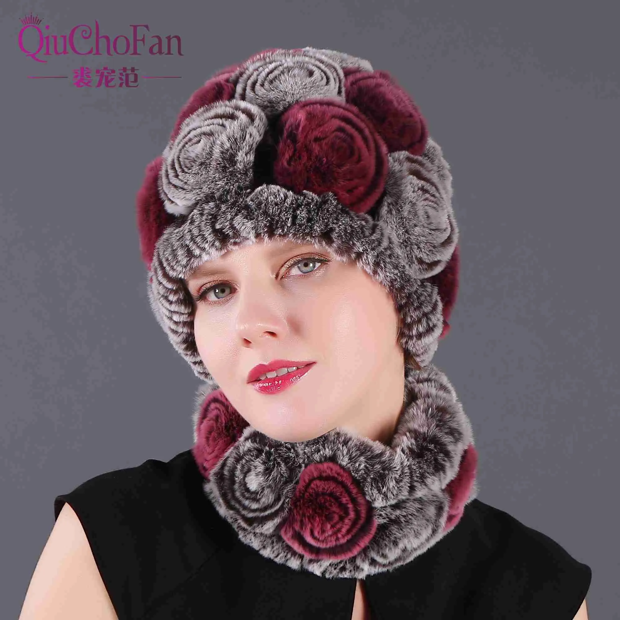ファッションガールの毛皮の帽子の女性冬の自然の実物レックスのウサギの帽子スカーフスイート高品質女性100％純正