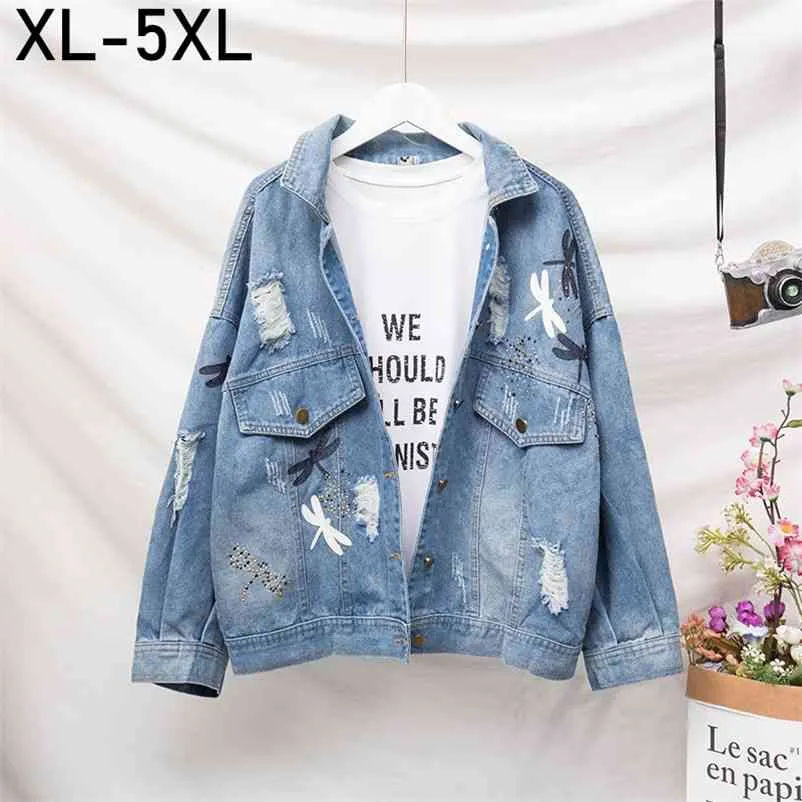 Vintage Denim Jacket with Appliques Women Spring Coat Ripped Outerwear Coats Windbreaker Boyfriend Female Jeans Plus Size 210514