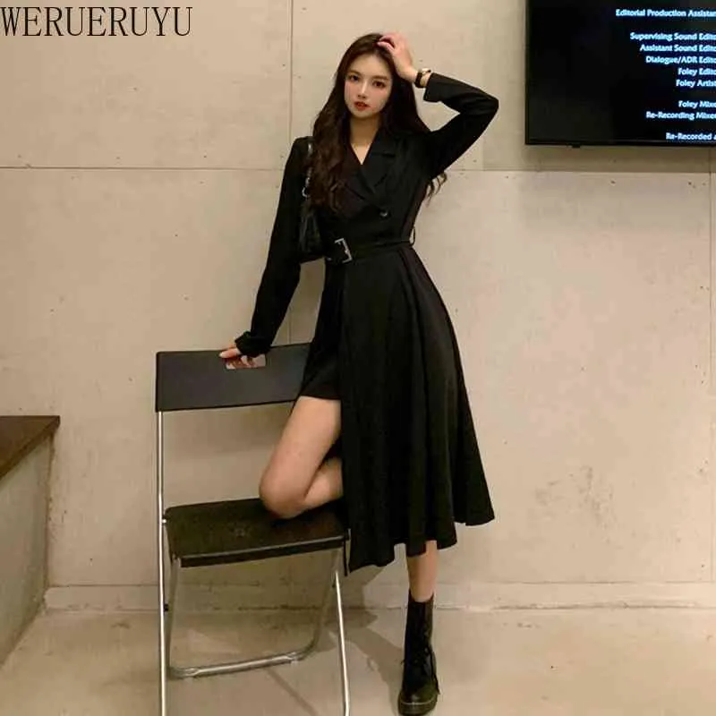 Werueruyu Summer Black Dress Women Slim High Waist Deep V Long Sleeve Designer Klänningar 210608