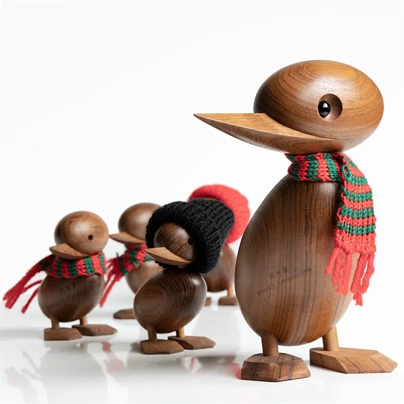 Duck / Duckling Drewno Dla Rzemiosła Figurki Zwierząt Drewniane Dekoracji Domu Accessorie Salon Boże Narodzenie duński Nordic Desk Ornament 210811