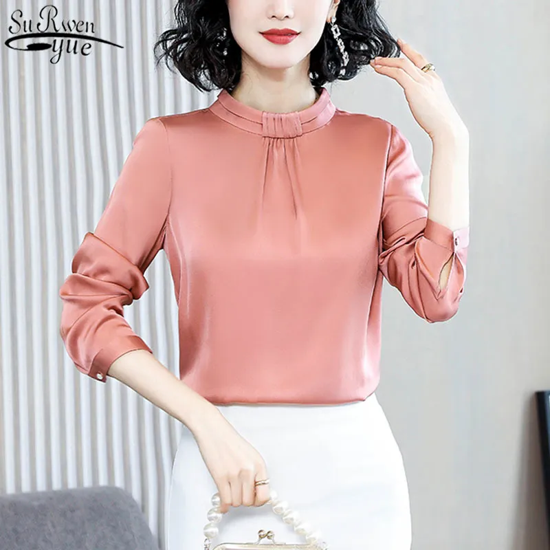 Женщина рубашки корейская одежда женщины шелковая рубашка с длинным рукавом весна атлас топ коммутации плюс размер ropa de mujer 13045 210427