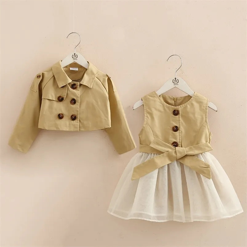 Autumn Fashion 3 4 6-10 Years Long Sleeve Coat+Vest Mesh Dresses Button Bow Design For Kids Baby Girls Dress 2 Pcs Set 210625