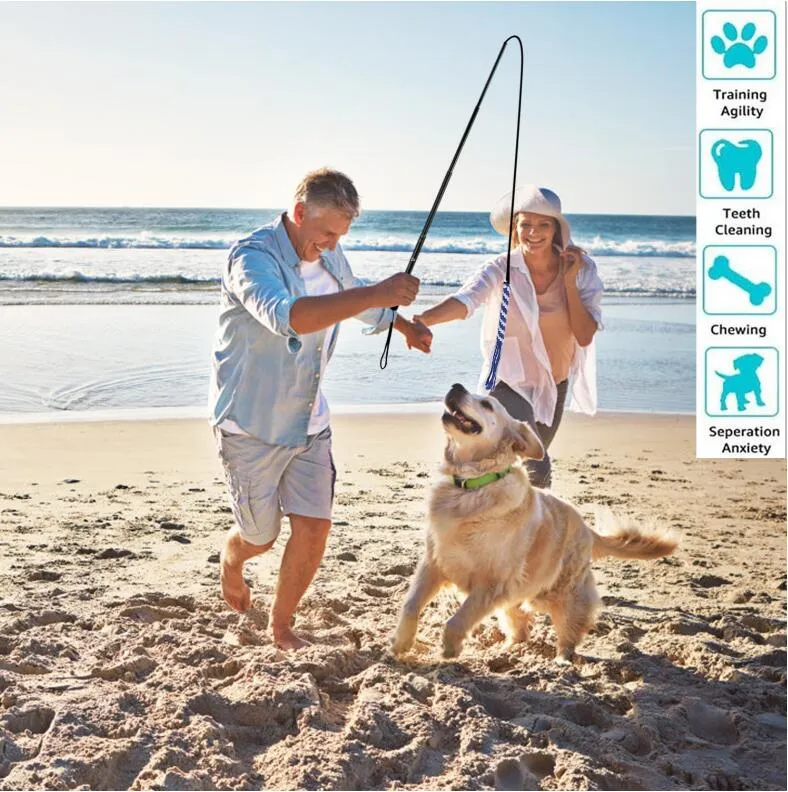 Brinquedo interativo de paquera para cães, perseguição e cabo de guerra, varinha de provocação durável com isca de corda de lã para animais de estimação para treinamento de exercícios ao ar livre para cães pequenos/grandes