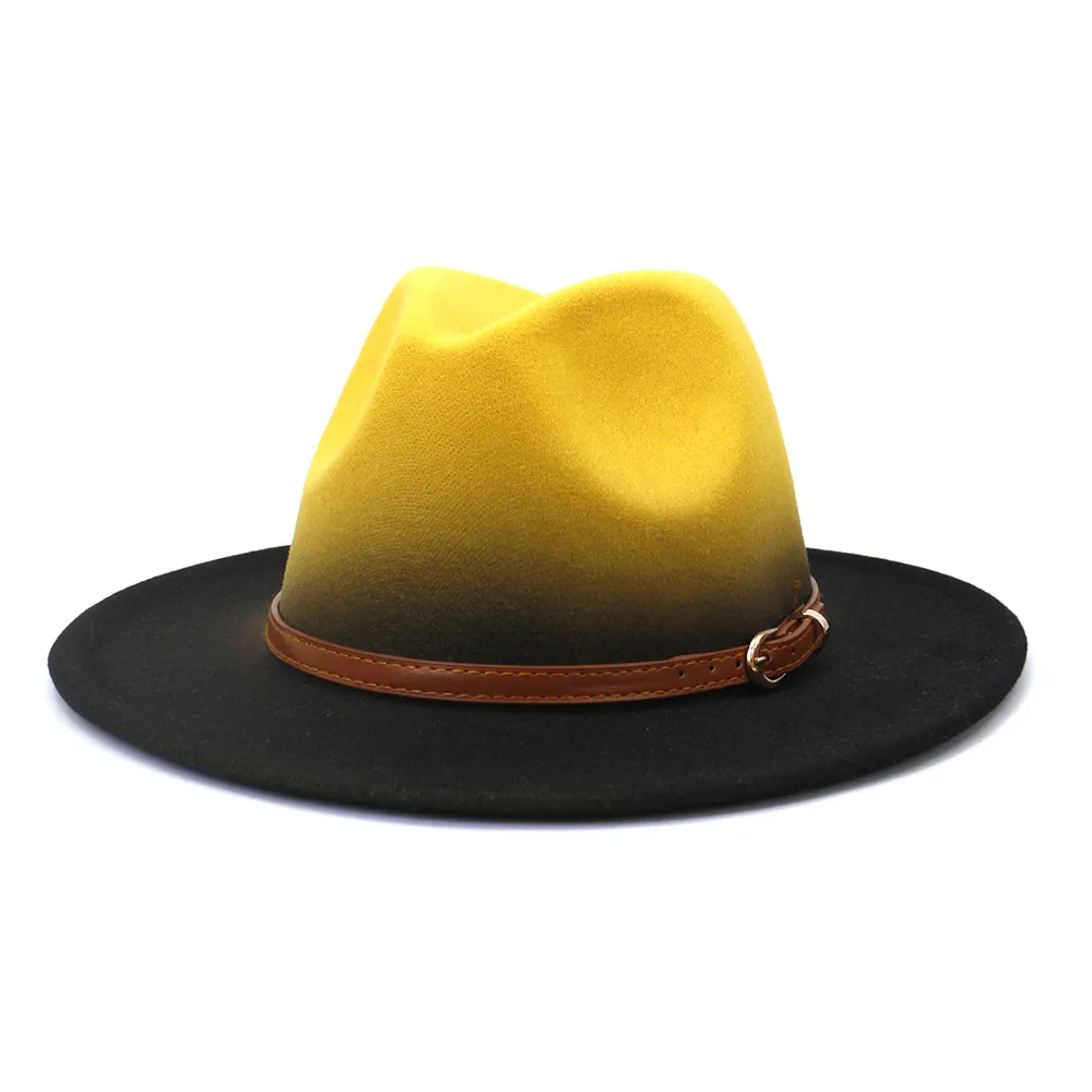 Flat Brim Gradient Fedora Hats with Browm Belt Women Men Spray Painted Faux Wool Felt Jazz Cap Panama Style Party Formal Hat