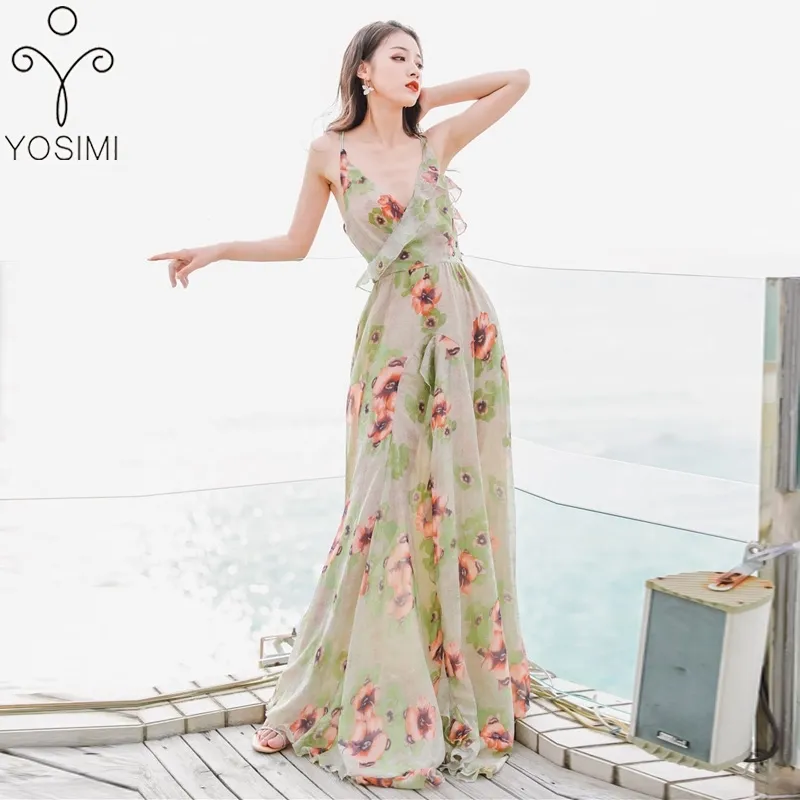 Yosimi Summer Sexy Dress Maxi ChiffonプリントロングレディースバックレスストラップボービーチVネックノースリーブパーティー210604