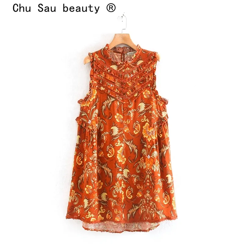 Chu Sau Güzellik Moda Boho Stil Vintage Phoenix Kuyruk Çiçek Baskı Mini Elbise Kadınlar Tatil Chic Oymak Elbiseler Kadın 210508