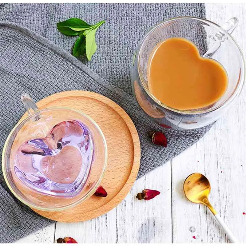 Bicchieri a doppia parete a forma di amore a forma di cuore Tazze da tè Kungfu resistenti al latte Latte Succo di limone Bicchieri Bicchieri da caffè Amante Tazze da regalo 210409
