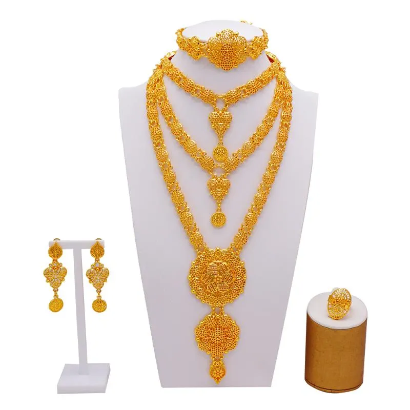 Orecchini Collana Arabo Dubai Set di gioielli per donna Etiope Africano Catena lunga Colore oro Matrimonio Regalo da sposa