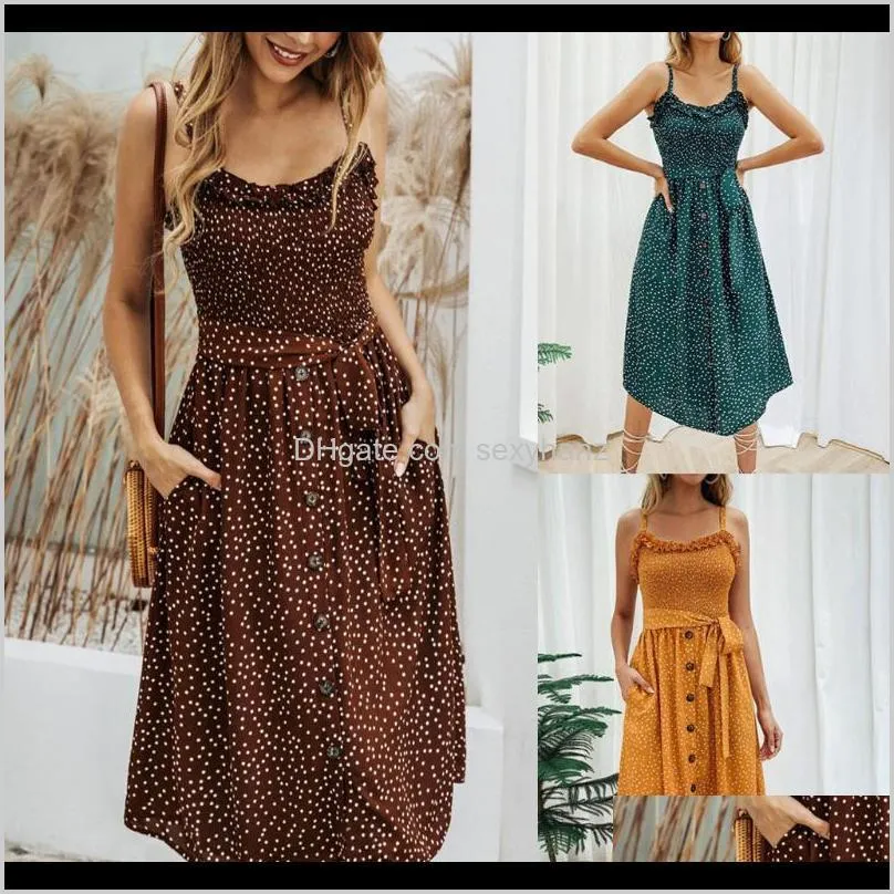 2021 boho women ruffle loose dress sleeveless holiday polka dot print midi dress evening party beach dresses summer sundress#j30