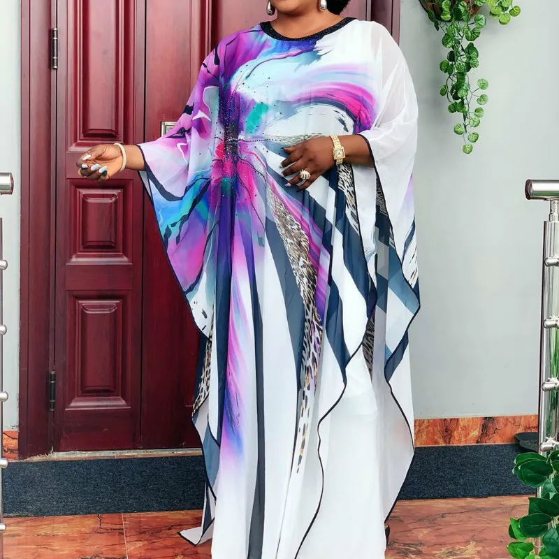 Vrouwen Gedrukt Losse Jurk O Neck Batwing Mouwen Maxi White Party Mode Afrikaanse Vrouwelijke Vestidos met binnenjurken 210416