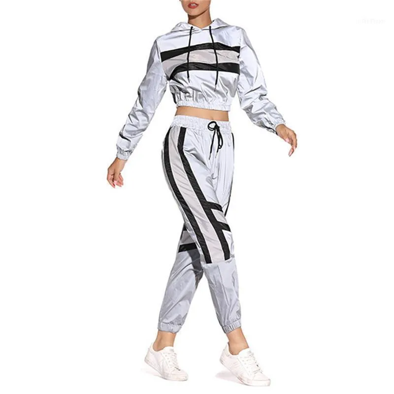 Women's Tracksuits 2 Pcs Women Reflective Outfits Adults Long Sleeve Color Block Hooded Crop Top Pants With Drawstring Clothes Sets1