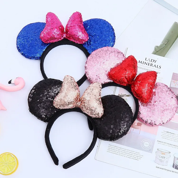 13 Colors Girl Cute Black Mouse Sequin Crown Ears Hairband Bow Kids Bling Glitter Hair Sticks Bands Holiday Accessories For Children M3701