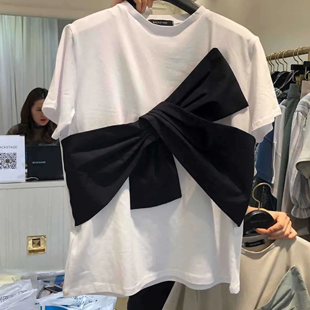 Été 2021 nouveau nœud-noeud contraste couleur t-shirts femmes doux O cou à manches courtes dames t-shirts mode coréen coton femme hauts Y0621