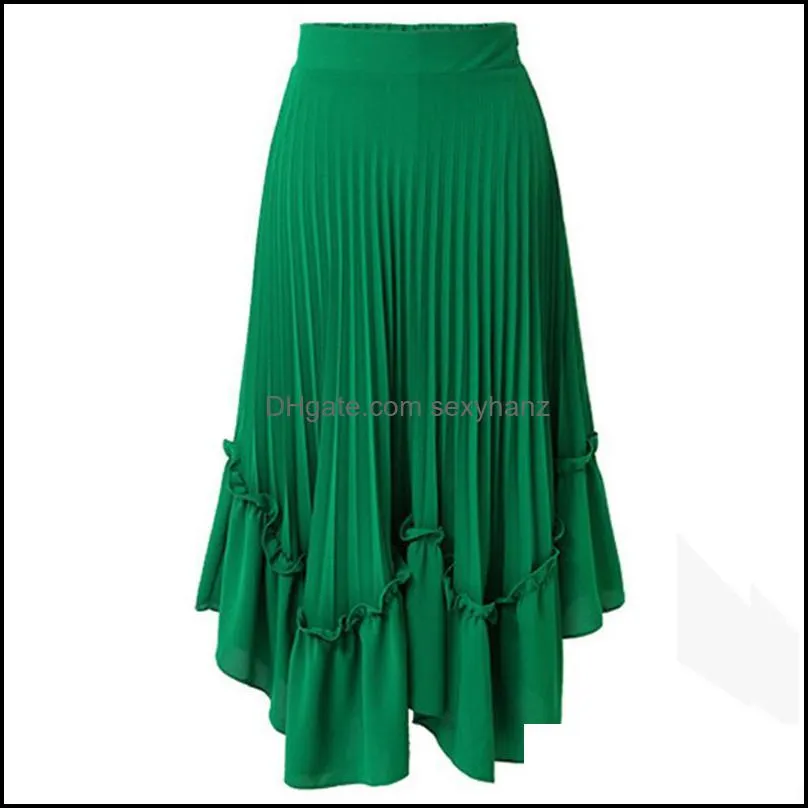 Skirts Autumn Women Long Skirt Green Black Elastic Waist Ruffle Pleated Asymmetrical Plus Size Chiffon 4XL Jupe Longue