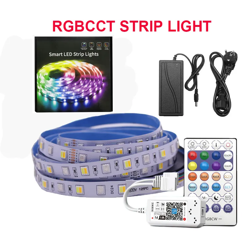 RGBCCT LED 스트립 라이트 세트 5M 12V5A 전원 공급 장치 와이파이 컨트롤러 5050 RGB + CCT RGBW RGBWW 60LED / M 방수 유연한 테이프 램프