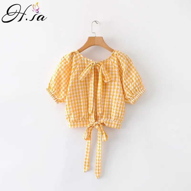 H.SA Backless Sexy Women Summer Wrap Sleeve Womens Tops and Blouses Short Shirt Girl Blusa Plaid Bow Blouse 210417