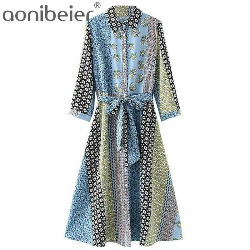 Colored Mixed Print Summer Casual Shirt Dress Fashion Single Breasted Women High Waist Midi with Sashes Female 210604