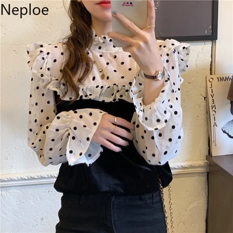 Neploe Donne Camicette Patchwork Polka Sweet Blush Roffles Tops Blouse coreano Stand Neck Flare Sleeve BlusAS Top Femme 4H138 210422