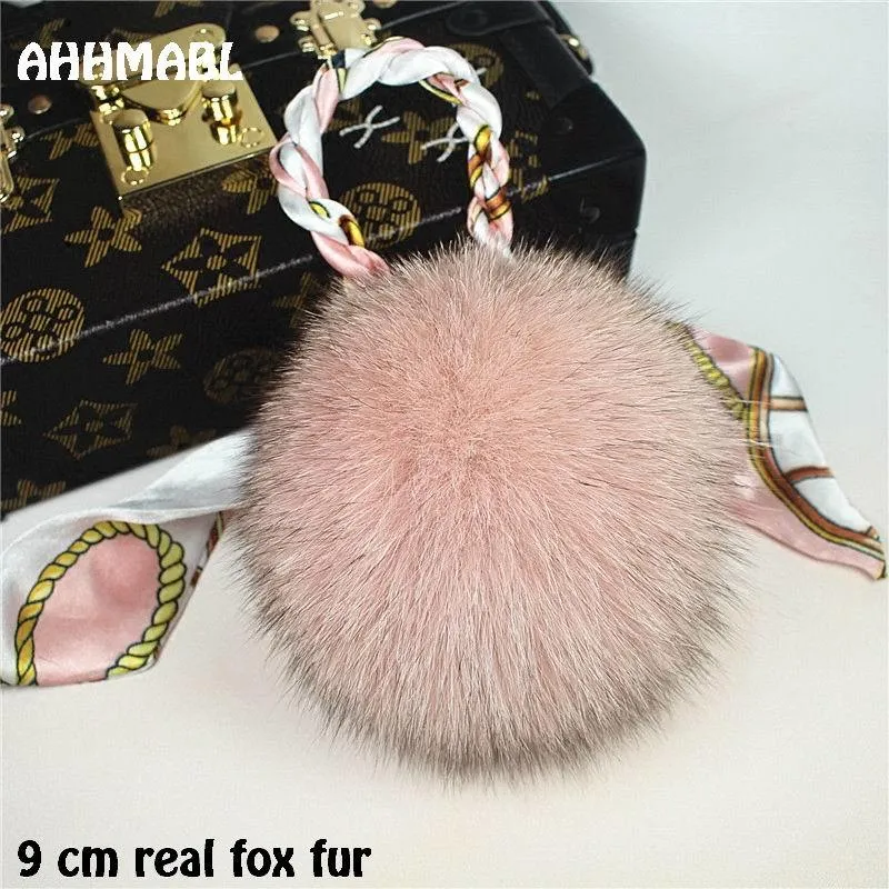 9cm Big Natural Fox Fur Pom poms Key chain Keychains For Women Scarf Print Silk Bowknot Ribbon Metal Bag Charm Key Holder f274