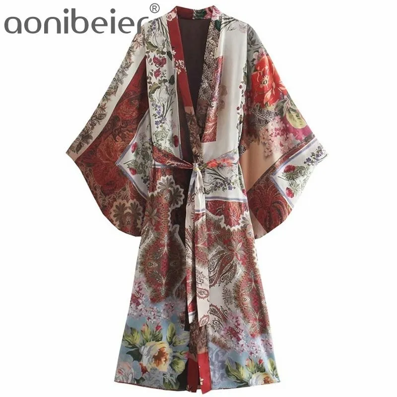 Femme Summer Casual Holiday Beach Wear Imprimé Kimono Chemises Manches Extrêmes Mi Longueur Femmes Chemise Lâche avec Ceinture 210604