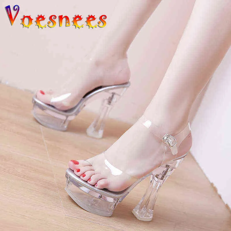 Dikke hakken wissen schoenen vrouwen zomer hoge hakken 14cm stalen buis dansende schoenen kristal transparante peep teen platform sandalen Y220209