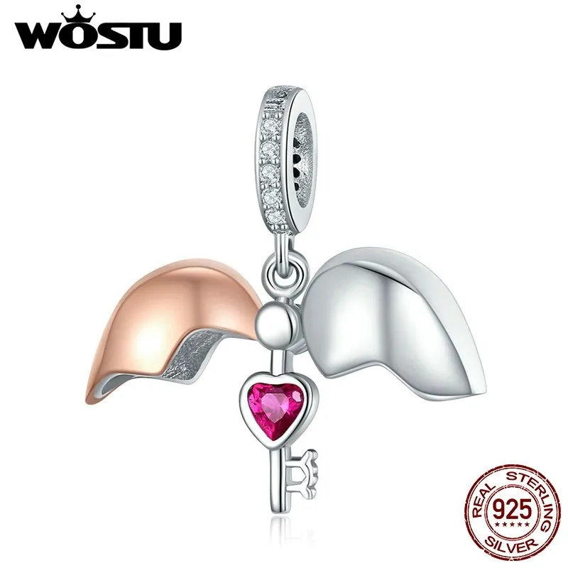 WOSTU Pure 925 Sterling Silver Open Heart Rose Gold Key Charms Beads Fit Bracelet Necklace DIY Jewelry Fashion CQC844