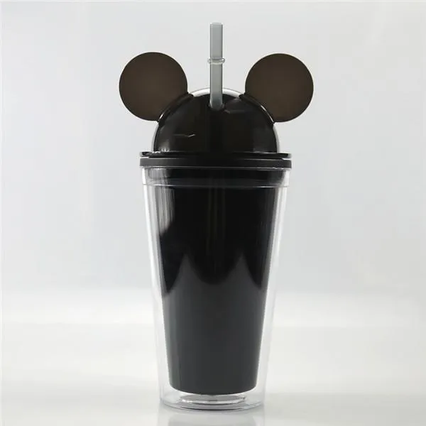 15oz Acrylic tumbler with dome lid plus straw double Wall Clear Plastic Tumbler with Mouse Ear Reusable cute drink cup lovely FY4301