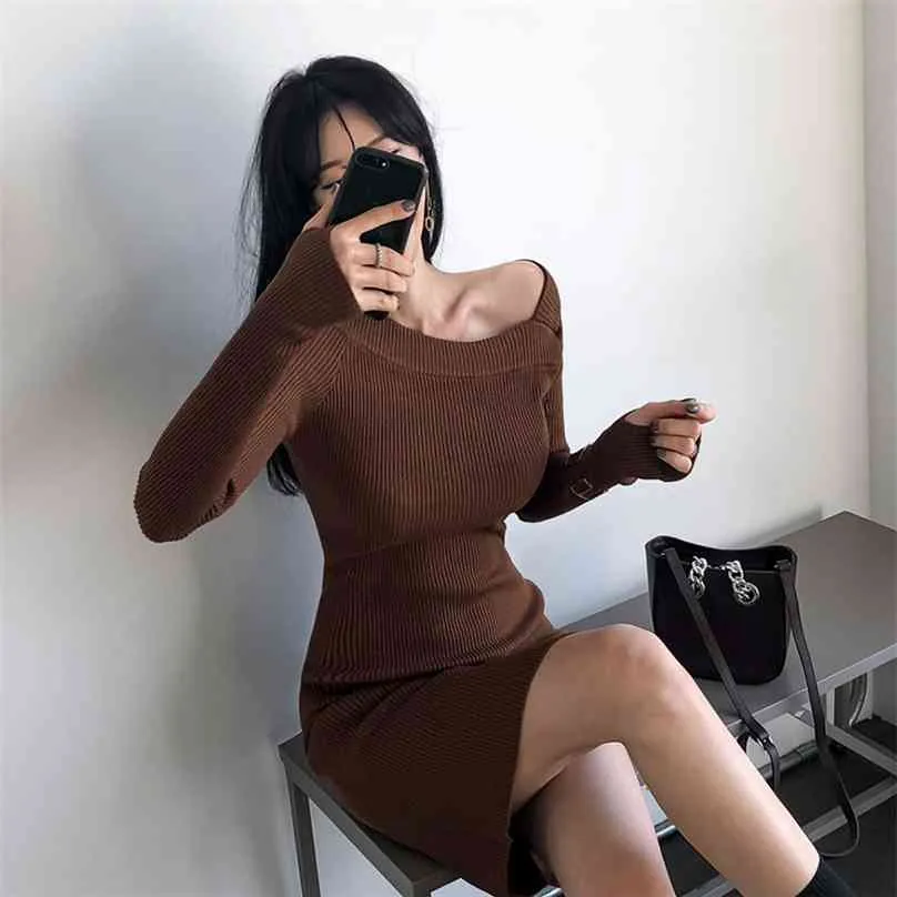 Winter Knitting Sweater Dress Korea Ladies Long SLeeve shoulder midi casual party for women clothing 210602