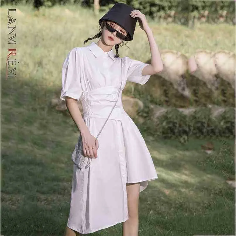Asymmetrical Black smock dress for women - Loose fit, short sleeves, fitted bodice with waist accentuation, light weight material suitable for warm