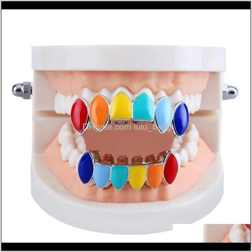 18K Gold Plated Vampire Teeth Dental Grills Punk High Grade Men Women Street Fashion Multicolor Hip Hop Grillz 2-Piece Set