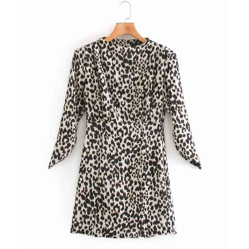 Sommer Frauen Leopard Mini Kleid Lange Hülse O-ansatz Druck Vintage Kleider Weibliche Elegante Straße, figurbetontes Kleid Vestidos 210513
