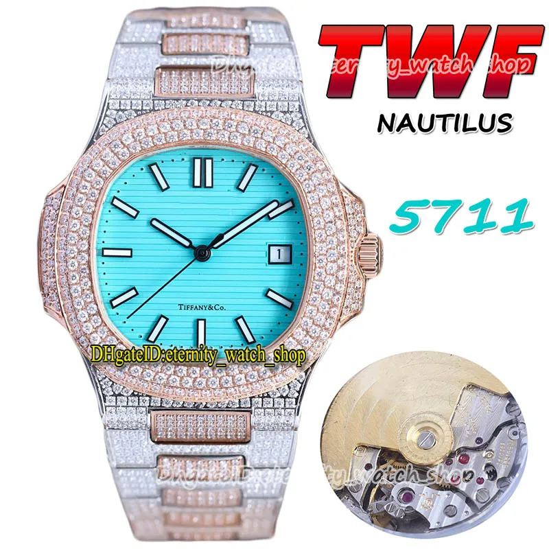 TWF 5711 PP324 A324 Automatic Mens Watch Watch Paved Diamond Version Blue Dial Полностью ICED Diamond Rose Gold Модель Bracelet Model 170 Angary Eternity Watches