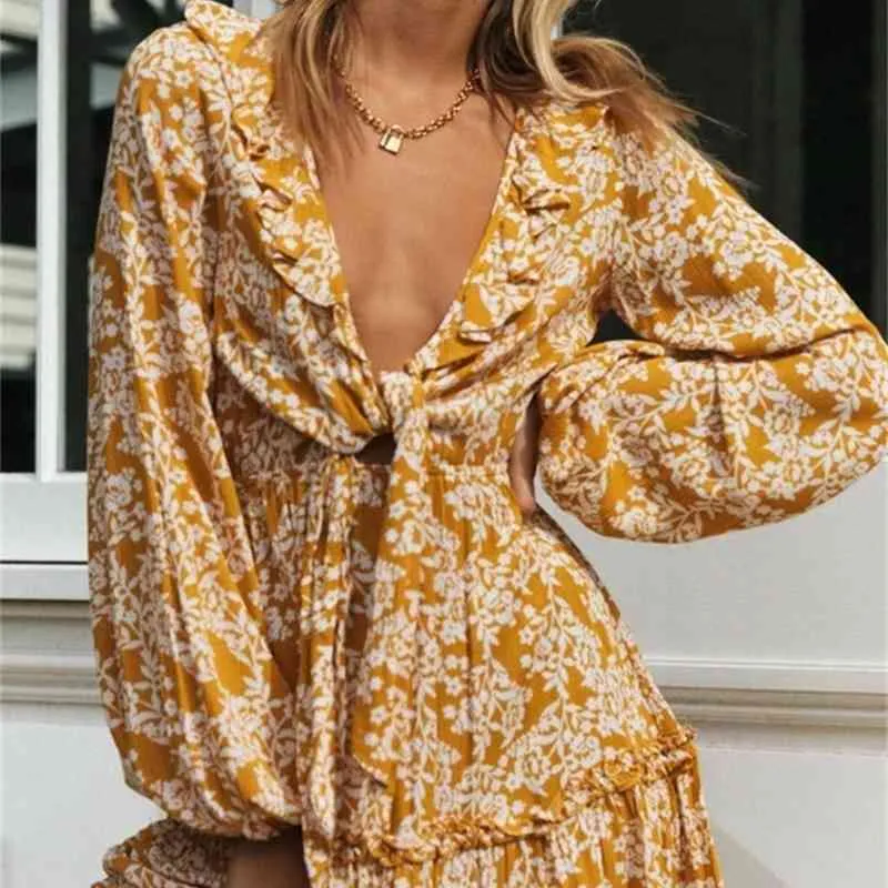 Floral Print Cotton v neck dress with V-Neck and Ruffle Detail for Women - Perfect for Autumn Casual Wear (210415) Floral Print Cotton v neck dress with V-Neck and Ruffle Detail for Women - Perfect for Autumn Casual Wear (210415)