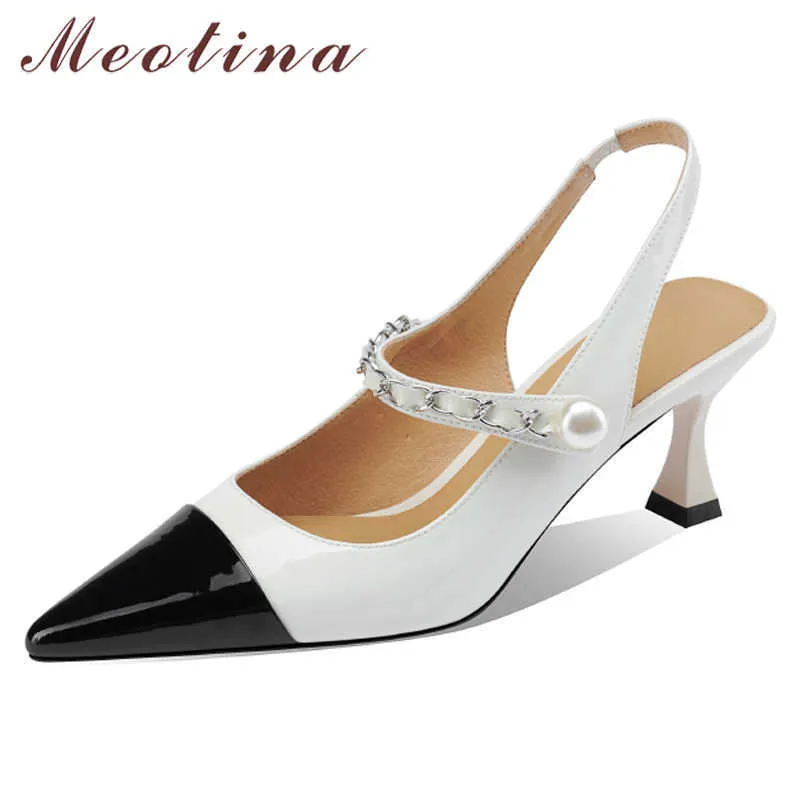 Meotina Women Shoes Pleated Leather Pumps High Heel Slingback Pump Chain Thin Heel Shoes Poinded Toe Ladies Footwear Spring 210608