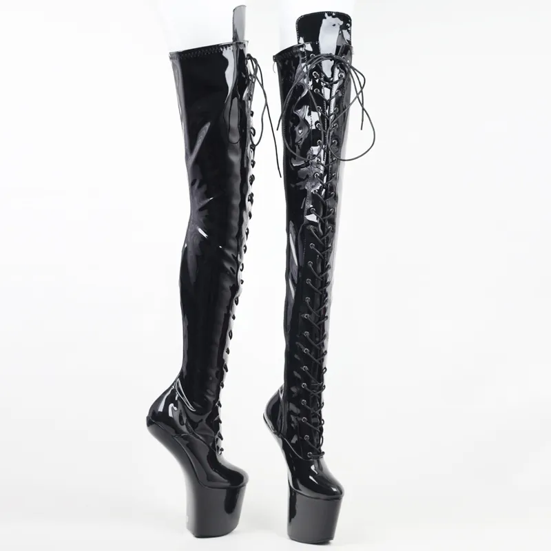 20cm Hoge hak Fetish Heelless Gothic Lace-Up Platform Hoof Ballet Patent Boots EU36-46