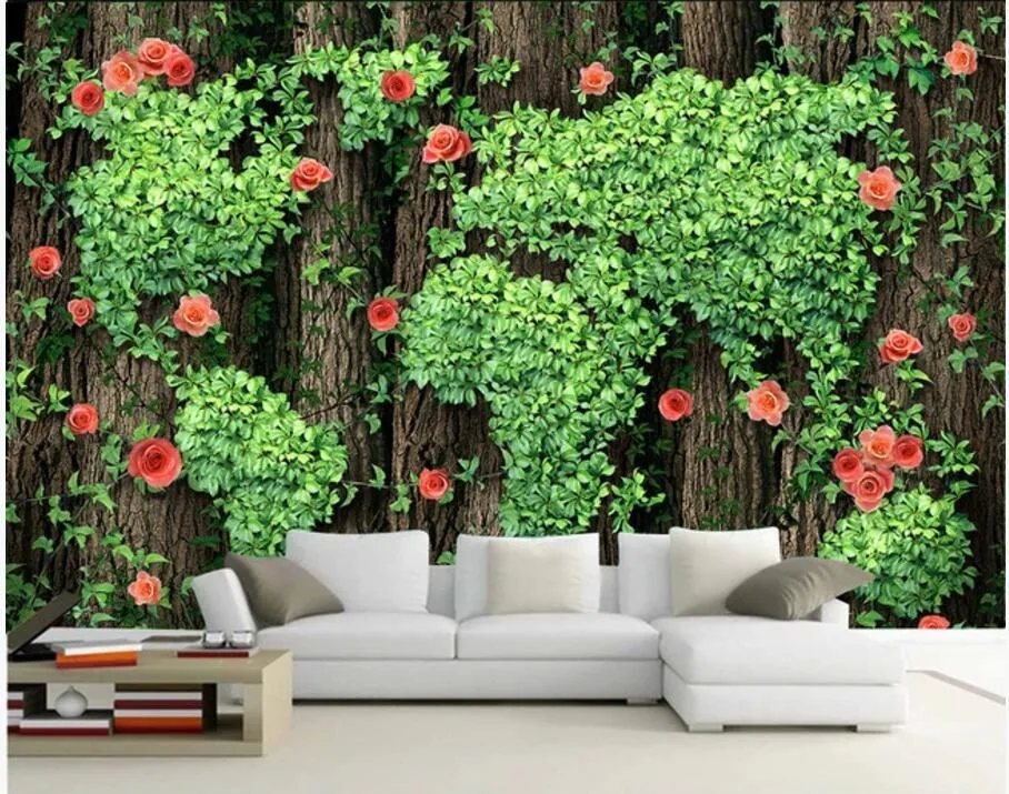 Fonds d'écran WDBH personnalisé Po 3d papier peint grand arbre Rose vigne feuille verte salon décor à la maison peintures murales pour murs 3 D