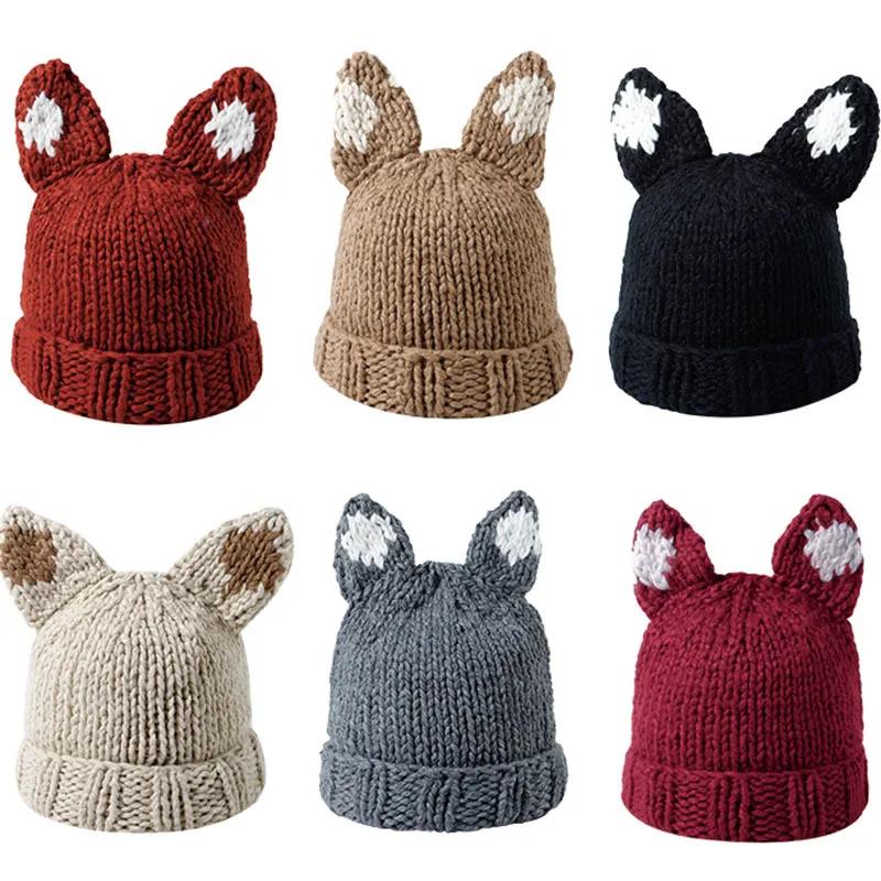2020 femmes chapeaux hiver avec pompon mignon renard oreilles chapeau Crochet grand tricoté pour les filles Costume Beanie noël mode chapeaux casquette