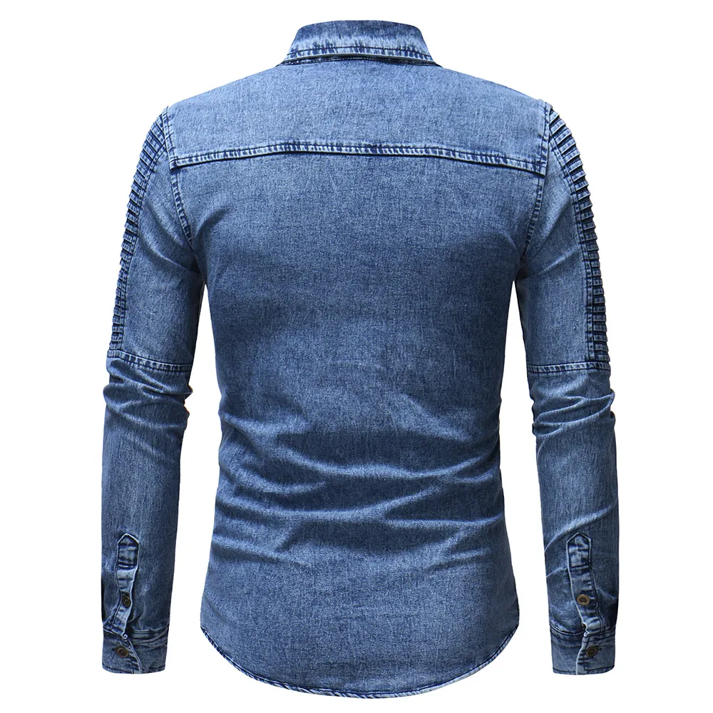 Men's Long Sleeve Denim Shirt – Slim Fit Retro Cotton Jean Shirt For Autumn & Spring Casual Wear