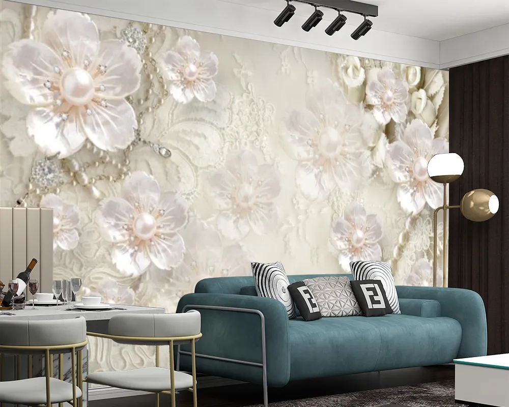 Pearl Diamond Pink Flowers Wallpaper Home Improvement Salon Sypialnia Kuchnia Nowoczesne Malarstwo Mural 3D Tapety