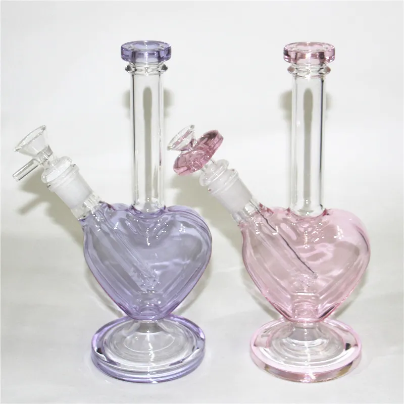 9 inch Pink Heart Shape Glass Bong Glass Dab Rig Hookah Shisha Beaker bongs Smoking Water Pipe Filter Bubbler W ICE Catcher