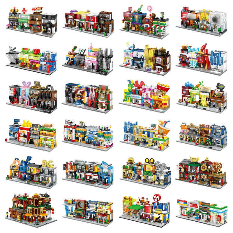 4 em 1 Mini Street Building Blocks City Shop Chinesa Arquitetura Modelo Série Crianças Criatividade Brinquedos Compatível A maioria das marcas Bloco X0902