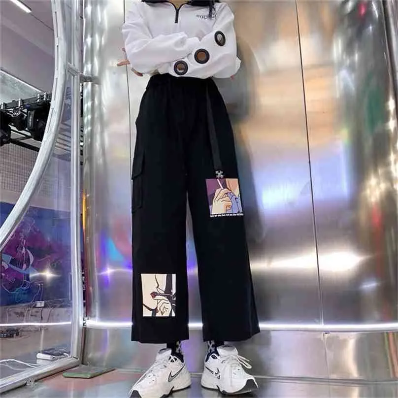 Anime Drukuj Wysoka talia z pasem szerokiej nogi Baggy Spodnie Joggers Koreański styl Mody Spodnie Harajuku Loose 210915